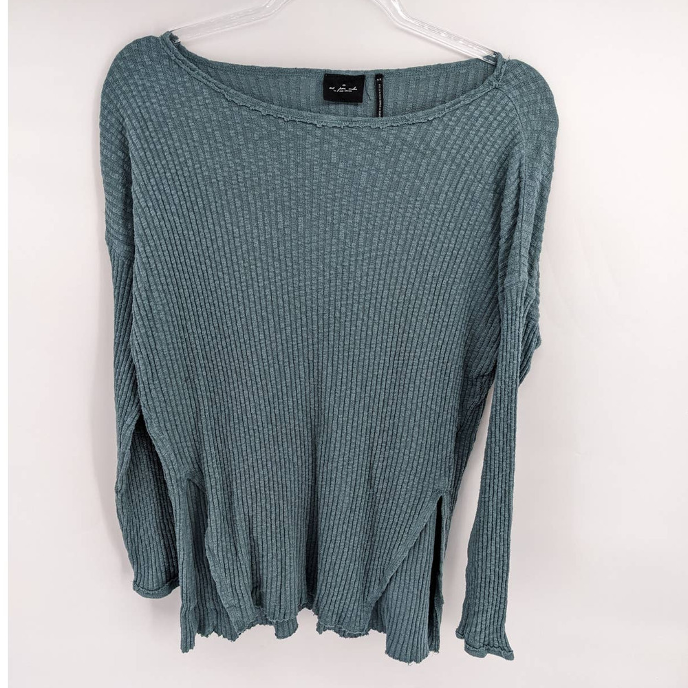 Out From Under Medium Ribbed Long Sleeve Slit Side Blue Women's Top